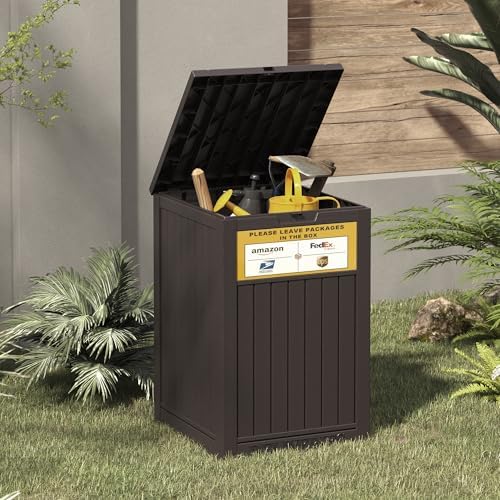 LHBGO Package Delivery Box for Outside with Sign, 48 Gallon Storage with Lockable Secure, Large Double Wall Resin Outdoor Package Delivery Waterproof