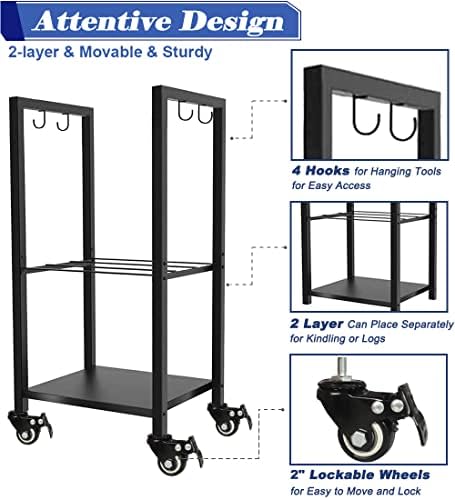 Koutemie Firewood Rack Indoor, 2 Tier Small Firewood Holder with Wheels