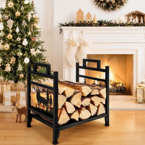 Goplus Firewood Rack Outdoor, 18.5” Metal Firewood Holder w/Mesh Sides & Base, Decorative Deer Patterns, Handle, Indoor Log Storage Rack, Small Wood Rack for Fireplace, Woodstove (18.5" x 13.5" x 18")