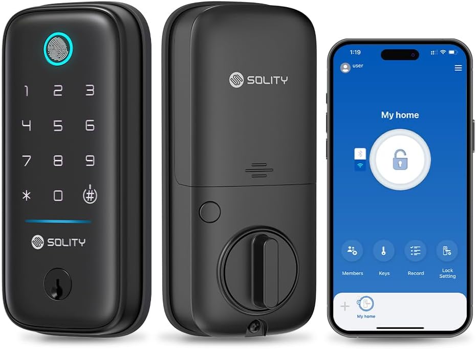 GT5BK Smart Lock – 4-in-1 Keyless Entry Door Lock with Fingerprint, App, PIN, and Key – ANSI Grade 3, Alexa & SmartThings Compatible – Weatherproof Wi-Fi Lock for Front Door – SOLITY (Black)