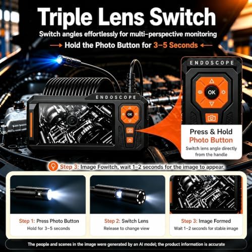 triple lens borescope, 5" ips screen, 1080p photo, close-up detail