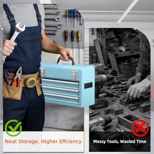 Portable Metal Tool Box – 3 Drawers Lockable Mini Toolbox, Heavy-Duty Tool Chest for Workshop & Garage (Blue)