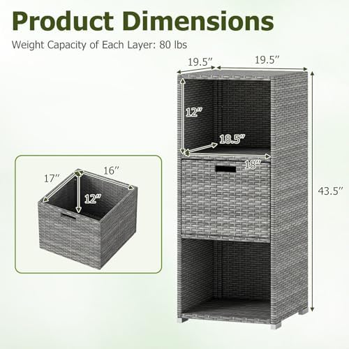 HAPPYGRILL Outdoor Storage Cabinet PE Rattan Wicker Storage Shed Organizer with Shelves Drawer, for Patio Porch, Garden, Backyard and Poolside (Mix Grey)