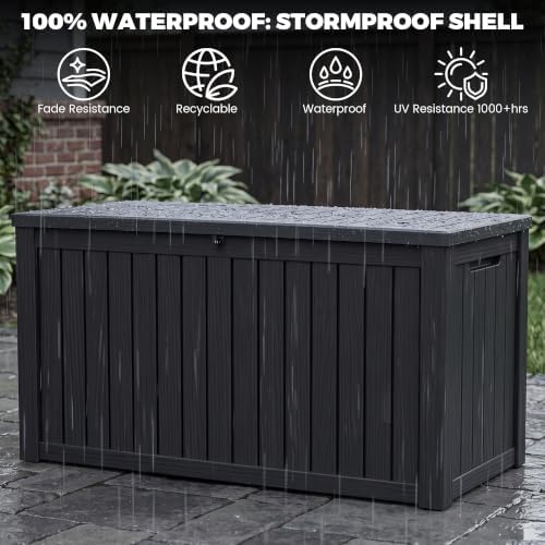 Outdoor Storage Box, 180 Gallon Waterproof Deck Box [Upgraded 3.1], Large Resin Storage with Hydraulic Gas Lifts for Cushions, Lawn Mower Tools Chest Bench, Large Backyard, Black