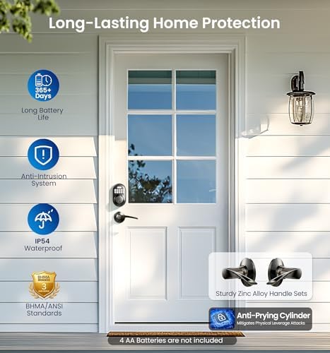 Veise RZ-C Keyless Entry Door Lock with 2 Lever Handles, Matte Black