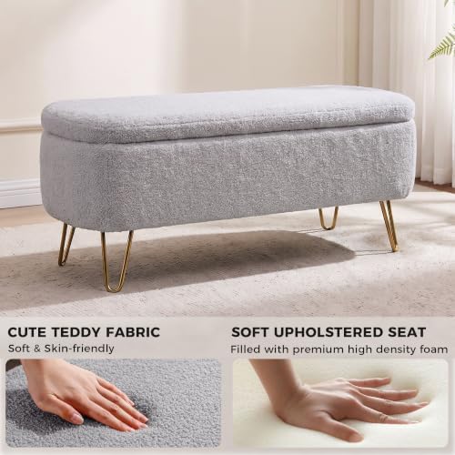End of Bed Storage Bench for Bedroom, Small Boucle Storage Ottoman for Living Room Entryway, Teddy Fabric Upholstered Under Window Bench, Gold Legs, Grey