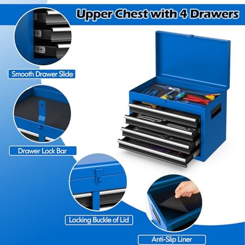 DREAMADE 5-Drawer Tool Chest Combo, Rolling Tool Cabinet w/Detachable Top Tool Box, Adjustable Shelves, Lockable Wheels, Metal Tool Box for Garage, Workshop, Repair Shop Storage (Blue)