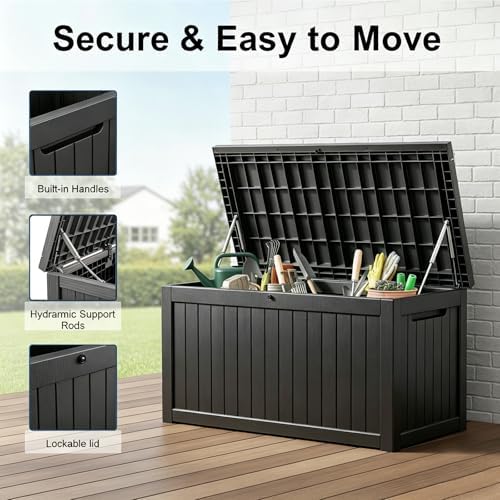 269 Gallon Large Outdoor Storage Box, Waterproof Deck Box with Lockable Lid, Resin Outside Storage Box for Patio Furniture, Pool Accessories, Garden Tools, Storage Bench for Backyard, Porch, Black