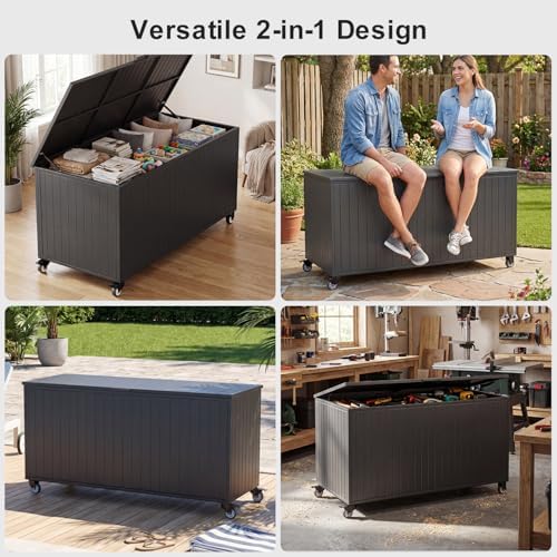 250 Gallon Metal Large Outdoor Deck Box with 4 Wheels, Black