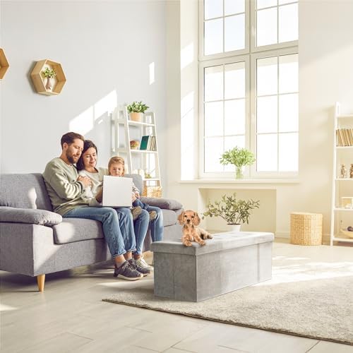 Sorbus Collapsible Storage Ottoman Bench (Grey, Large (15” x 43” x 15”))