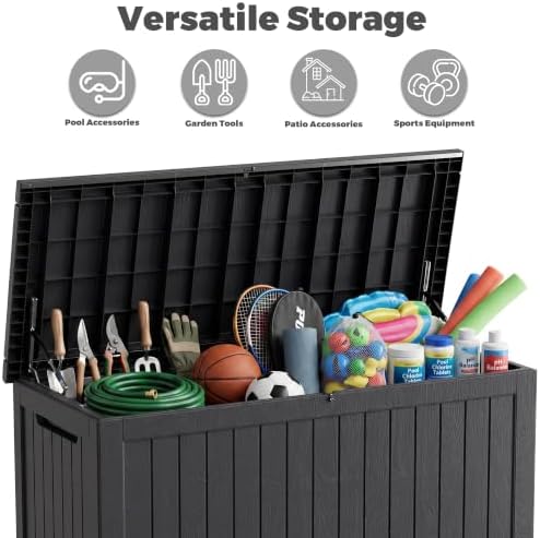 320 Gallon Outdoor Deck Box, Lockable Waterproof Outdoor Storage Boxes For Garden Tools,Indoor Cushions,Accessories Outside Storage Resin Weatherproof Container, Black