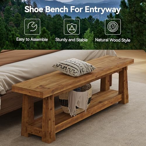 Solid Wood Entryway Bench, 55" Rustic Bench Seat with Shoe Storage, 350 LB