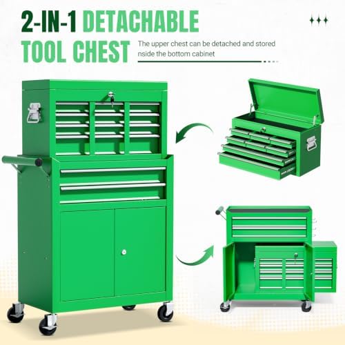 10-Drawer Rolling Tool Chest with wheels, Lockable 2-in-1 Tool Box