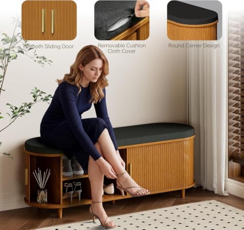 DHH 2-Tier Storage Bench,Wide Shoe Bench with Thickened Padded Seat Cushion, Mid Century Modern Fluted Sliding Door and Adjustable Shelf, for Entryway, Living Room, Bedroom (Yellow Walnut, 51.2”)