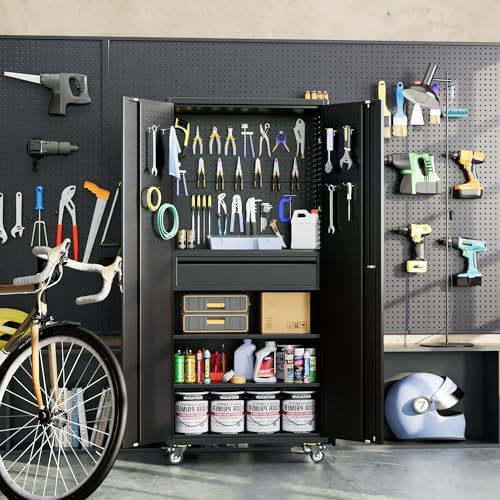71" Rolling Metal Storage Cabinet with Lock & Pegboards, Black