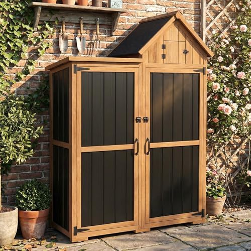 Outdoor Storage Cabinet Weatherproof with 3 Adjustable Shelves, 66'' H Wood & Metal Storage Shed with Lockable Doors & Waterproof Roof, Outside Garden Tool Sheds, Brown