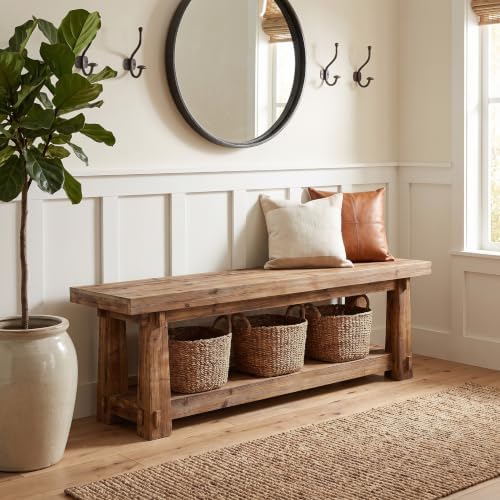 55" Wood Entryway Bench with Shoe Storage, Rustic Dining Bench