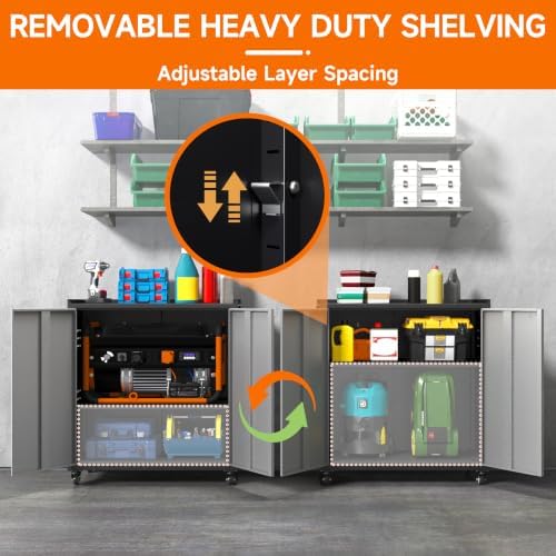 Metal Garage Storage Cabinet with Locking Doors and Adjustable Shelves,34.3" H Small Rolling Tool Storage Cabinet,Lockable Metal Tool Cabinet on Wheels for Garage, Warehouse, Barbershop-Black Gray