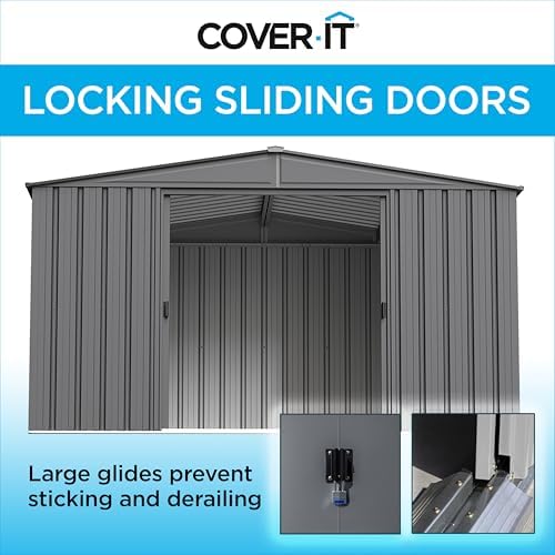 Cover It 6' x 4' Galvanized Steel Outdoor Storage Shed with Pent Roof and Lockable Sliding Doors, Weather-Resistant Steel Storage Shed for Backyards, Gray