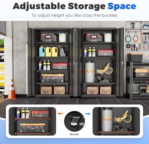 INTERGREAT Storage Cabinet with Doors and Shelves, Metal Garage Storage Cabinets with Lock, Black Lockable Steel Supply Cabinet for Home Office, Warehouse