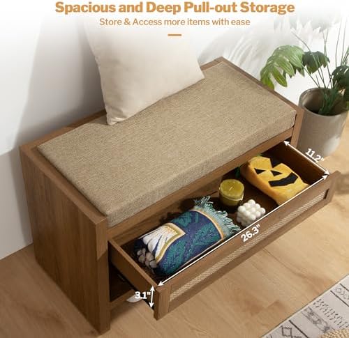 SICOTAS Rattan Shoe Bench Entryway Bench with Storage Drawer, Linen Cushion