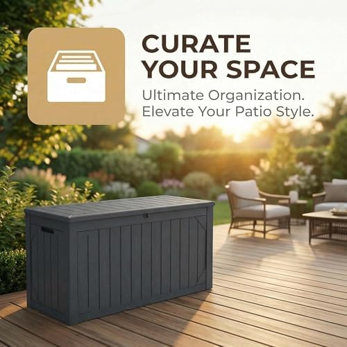 100 Gallon Outdoor Storage Bench - Waterproof Deck Box with Lock, UV Resistant Resin, Patio Furniture & Garden Tool Organizer, 400lb Capacity, Easy Assembly (Grey, 1 Pack)