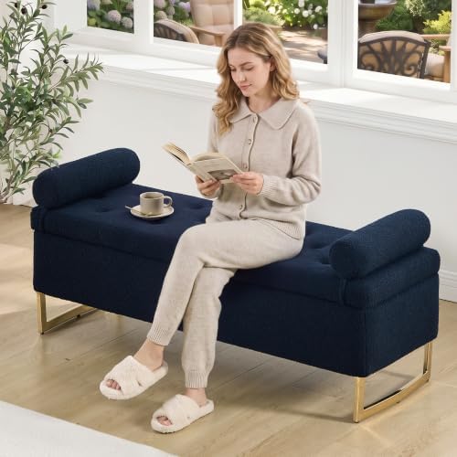 52" Storage Bench for Bedroom Upholstered End of Bed Bench Gold Leg Blue