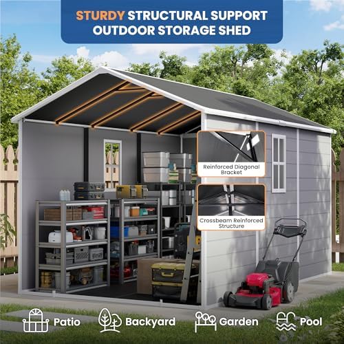 Amopatio 8X12 FT Resin Storage Shed with Floor Included, Plastic Outdoor Shed with Lockable Door, Window & Vents, for Lawnmower, Garden Tools, Pool Supplies, Grey & White