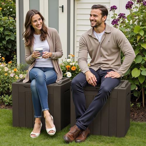 Greesum 31 Gallon Deck Box for Outside, All Weather Outdoor Storage Boxes for Patio Furniture Set, Package Delivery Box, Garden Tools, Brown(Set of 2)