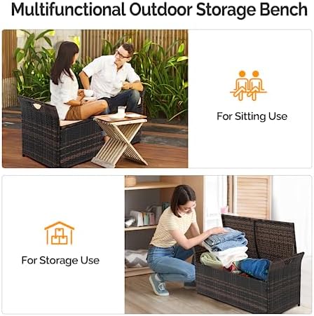 VINGLI 40 Gallon Outdoor Storage Bench with Cushion, Rattan Storage Box, Patio Wicker Deck Box with Seat for Garden | Balcony | Porch | Pool | Yard (Brown Frame + Beige Cushion)