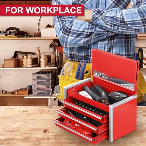 P.I.T. Mini Tool Box,3 Drawers Small Metal Toolbox for Tools Storage,Red