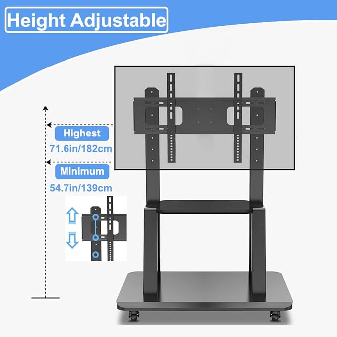 Hellsehen Mobile TV Stand, Rolling TVs Cart on Wheels Height Adjustable