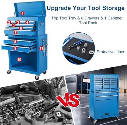 8-Drawer Rolling Tool Chest with Detachable Top Tool Box, Tool Cabinet with Universal Lockable Wheels, Mechanic Tool Organizer Storage Box for Garage Workshop Repair Shop Warehouse (Blue)