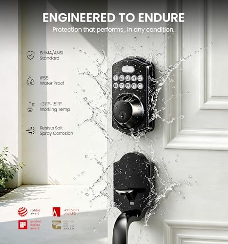 Veise VE012W-H Wi-Fi Smart Front Door Lock Set with Handle, Matte Black