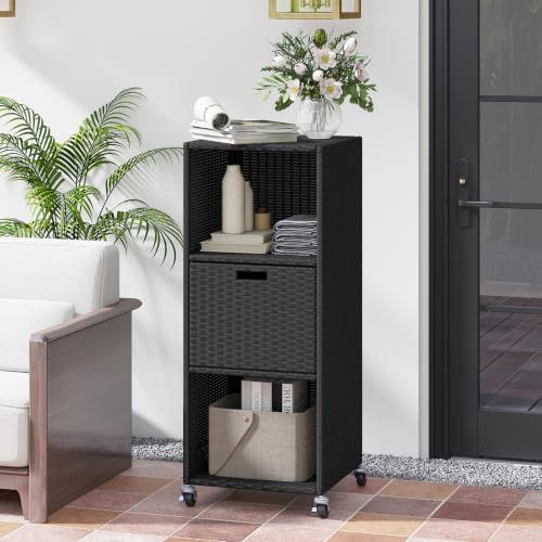 HAPPYGRILL Outdoor Storage Cabinet with Wheels, PE Rattan Wicker Storage
