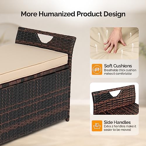 VINGLI 40 Gallon Outdoor Storage Bench with Cushion, Rattan Storage Box, Patio Wicker Deck Box with Seat for Garden | Balcony | Porch | Pool | Yard (Brown Frame + Beige Cushion)