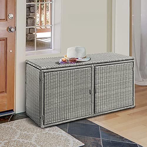 DORTALA 88 Gallon Deck Box Organizer, Wicker Large Indoor Outdoor Storage Container Cabinet for Patio Furniture Cushions Garden Tools, Gray