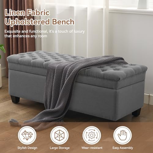 WUTUTUEE 50" Fabric Storage Ottoman Bench, Upholstered Rectangle End of Bed Storage Ottoman Tufted Living Room Bedroom Bench with Safety Hinge, Solid Wood Legs, Loads 500 lb(Dark Grey)