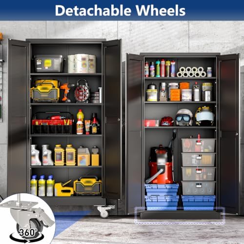 Ckzbx Metal Garage Storage Cabinet with Locking Doors and Adjustable Shelves,71" H Rolling Tool Storage with Wheels for Garage,Office (Black)