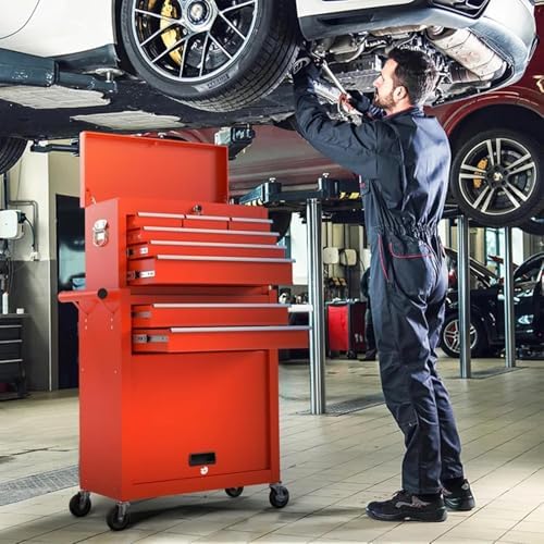 8 Drawers Rolling Tool Chest, 2-in-1 Detachable Metal Tool Storage Cabinet with Wheels, Lockable Tool Cart with Hooks for Garage, Workshop or Salon Use, Red