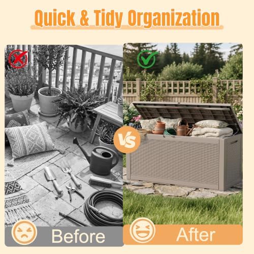 Outdoor Storage Box, 170 Gal Waterproof Resin Deck Box w/Support Rod