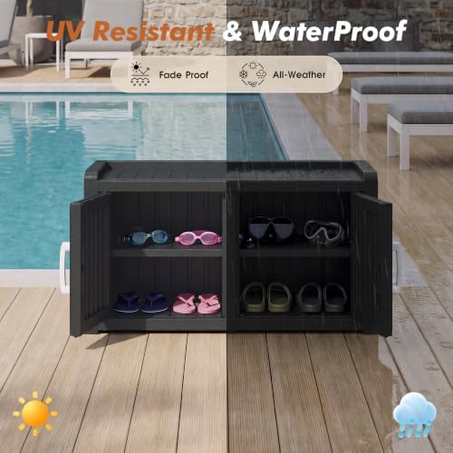 2-Tier Storage Bench, Waterproof UV-Resistant Outdoor Shoe Storage Cabinet with 2 Doors & Adjustable Shelves for Indoor Outdoor Entryway, Hallway, Living Room (Black)