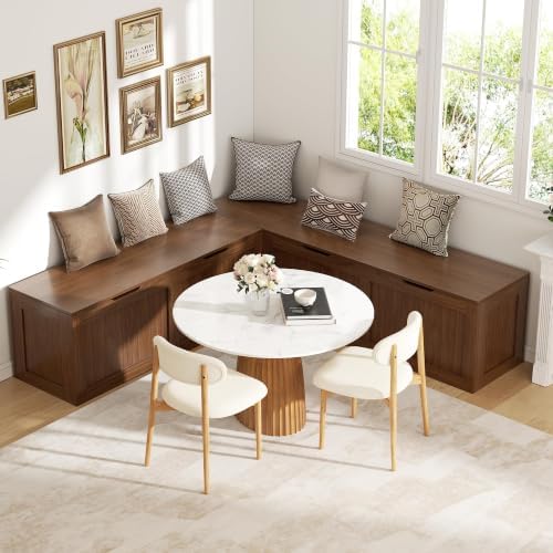 L Shaped Bench with Storage, 63" Breakfast Nook Benches, Wood Kitchen Corner Dining Bench Seating for Entryway, Dining Room, Kitchen, Walnut Brown