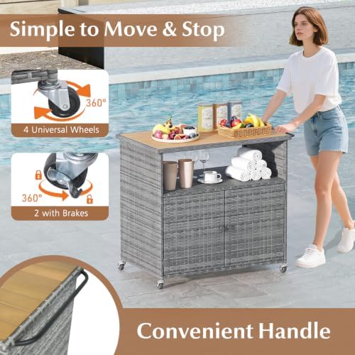HAPPYGRILL Outdoor Storage Cabinet with Wheels, PE Rattan Deck Box