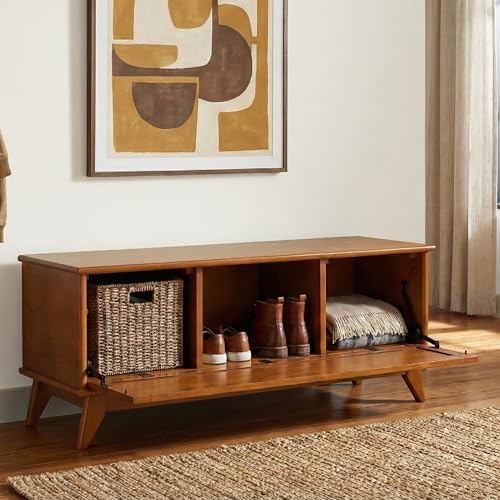 SIMPLIHOME Draper 44" Wide Solid Wood Trunk Bench in Teak Brown