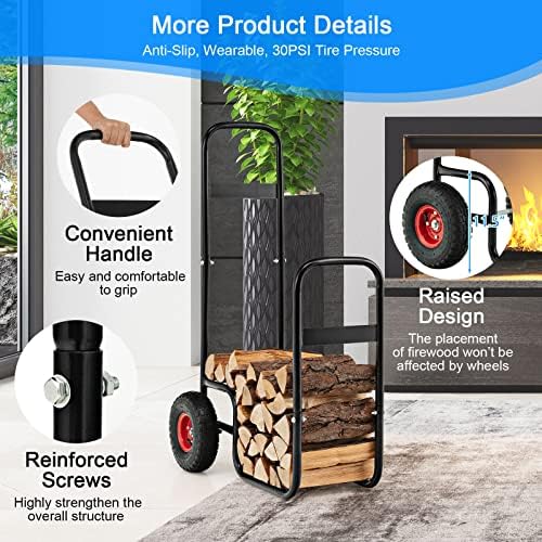 S AFSTAR Indoor Outdoor Firewood Cart, 3.6ft/44” Height Rolling Firewood Log Carrier w/All-Terrain & Shockproof Wheels, Heavy-Duty Steel Frame, Wood Storage Rack Mover, 220 lbs Weight Capacity