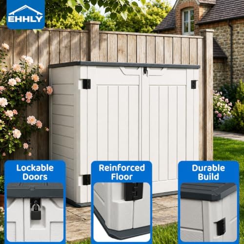 EHHLY Horizontal Resin Storage Shed, 35 Cuft Garden Tool Sheds & Outdoor Storage, Outdoor Plastic Storage Cabinet Waterproof, 4FT Tall Backyard Outside Lawn Mower Storage Shed, White