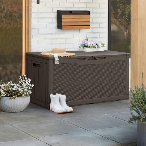Greesum 100 Gallon Resin Patio Storage Box for Garden Tools, Dark Brown