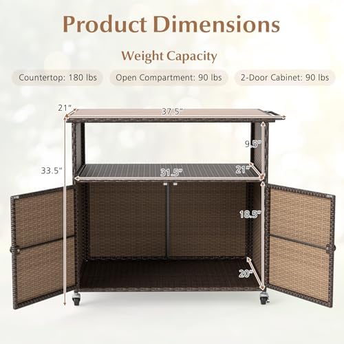 HAPPYGRILL Outdoor Storage Cabinet with Wheels, PE Rattan Patio Buffet Sideboard Bar Cart for Garden, Backyard & Poolside