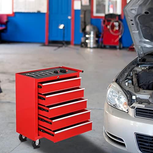 TUFFIOM 5-Drawer Rolling Tool Chest w/Drawers & Lock, Tool Storage Cabinet with Lockable Wheels, Top Cushion & Drawer Liners, Tool Organizer Box for Garage, Warehouse & Repair Sho